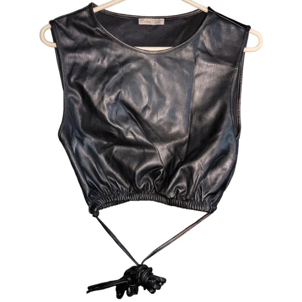 Zara Black Sleeveless Faux Leather Adjustable Tie Crop Top Size Small
